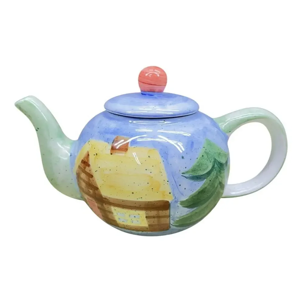 Vintage 90's Bella Ceramica Sierra Rustic Hand Painted Winter Mountain Tea Pot